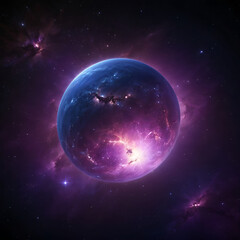 Fototapeta premium A view of the galaxy with vivid stars, a glowing nebula in deep purples and blues, and a large, vibrant planet in the foreground.