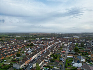Aerial View of Downtown and Central Rugby City of England Great Britain. Aerial View Was Captured with Drone's Camera During Mostly Cloudy and Rainy Day on April 8th, 2024 from Medium High Altitude.