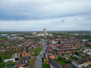 Aerial View of Downtown and Central Rugby City of England Great Britain. Aerial View Was Captured with Drone's Camera During Mostly Cloudy and Rainy Day on April 8th, 2024 from Medium High Altitude.