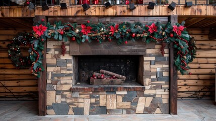 Fototapeta premium Brick and wood fireplace decorated with evergreen garlands, red poinsettias, and ornaments, setting festive holiday mood, warm and rustic design invites cozy gatherings and seasonal celebrations.