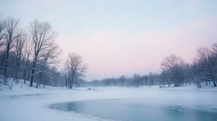 Winter scene in snow covered lake with peaceful surrounding 