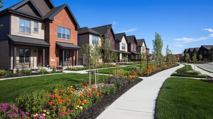 Modern New Housing Estate Under Clear Blue Sky