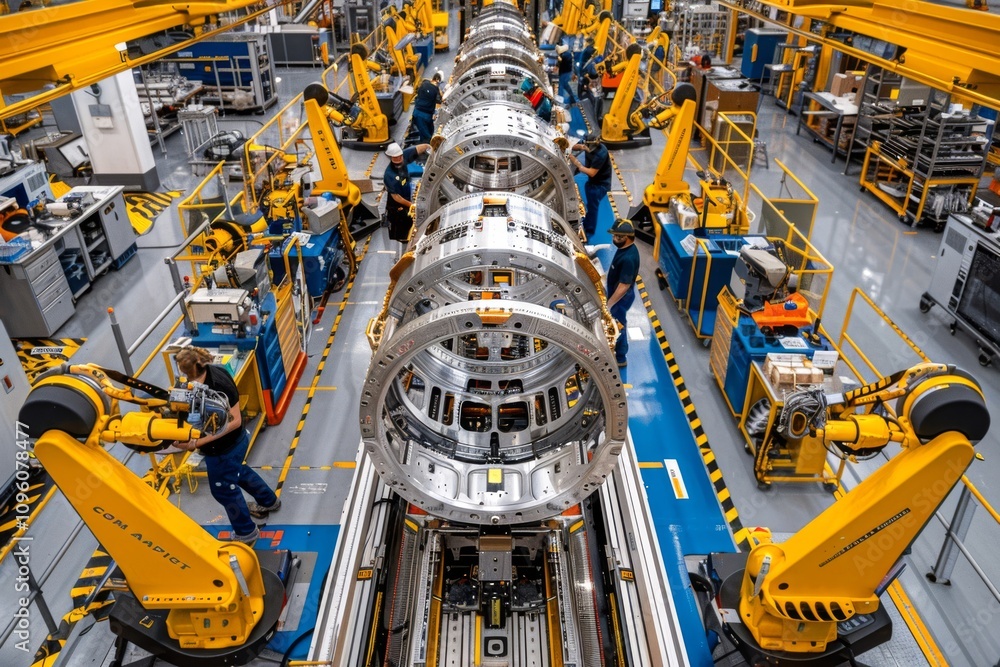 Poster aerospace assembly line featuring advanced robotics, precision tools, and engineers assembling compl
