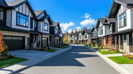 Obraz premium Modern Terraced Neighborhood with Clear Blue Sky