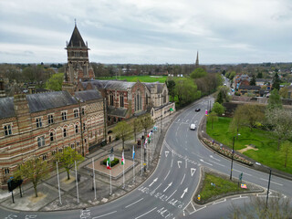 Aerial View of Downtown and Central Rugby City of England Great Britain. Aerial View Was Captured with Drone's Camera During Mostly Cloudy and Rainy Day on April 8th, 2024 from Medium High Altitude.