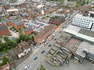 Aerial View of Downtown and Central Rugby City of England Great Britain. Aerial View Was Captured with Drone's Camera During Mostly Cloudy and Rainy Day on April 8th, 2024 from Medium High Altitude.