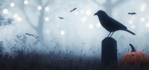 A crow perched on a post in a misty landscape under a full moon at dawn