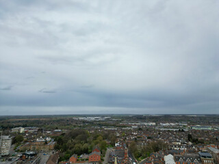 Aerial View of Downtown and Central Rugby City of England Great Britain. Aerial View Was Captured with Drone's Camera During Mostly Cloudy and Rainy Day on April 8th, 2024 from Medium High Altitude.