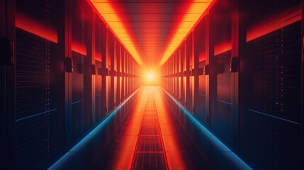 View of a powerful server room used to generate AI or farm crypto in a secure warehouse filled with racks of computer servers networked to the internet