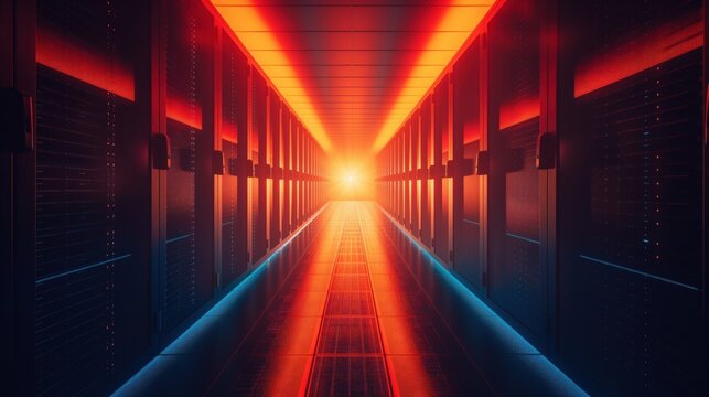 View of a powerful server room used to generate AI or farm crypto in a secure warehouse filled with racks of computer servers networked to the internet