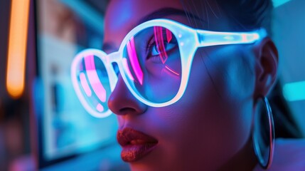 Gamer girl closeup - Young woman staring at a screen with reflections in her glasses