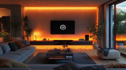 Modern living room with ambient lighting and a television, creating a cozy atmosphere.