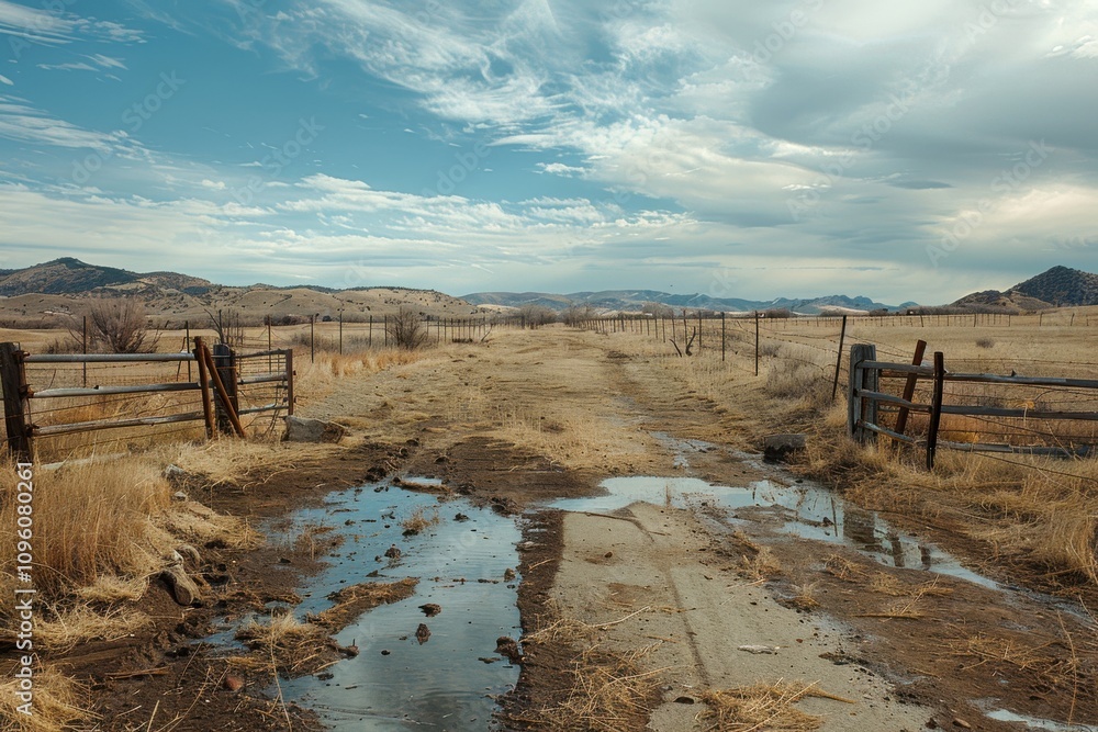 Poster an abandoned cattle ranch with broken fences and empty water troughs, representing the struggle of l