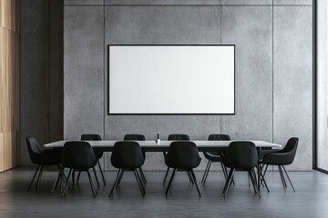 White mockup of a blank white presentation screen in the meeting room.