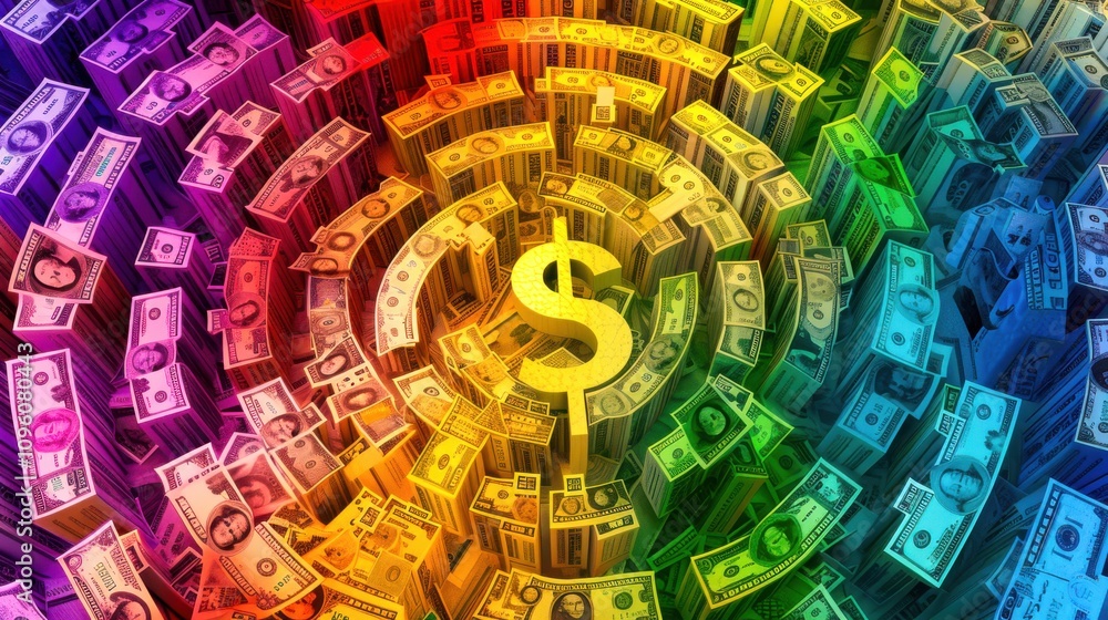 Poster an abstract composition of currency symbols in vibrant colors, arranged in a circular pattern, conve