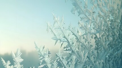Frost-covered branches glisten in soft light, creating a serene winter atmosphere.