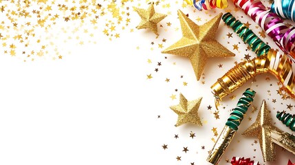 Festive gold stars, confetti, and party blowers on white background.