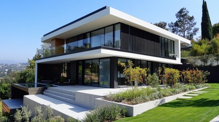 Fototapeta premium Sleek Modern Home with Vertical Louvers and Garden
