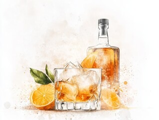 Whiskey Sour Delight, a classic cocktail served in a lowball glass, vibrant citrus accents, watercolor whiskey bottle background