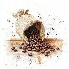 Coffee bean sack spilling aromatic contents onto a wooden surface, warm watercolor textures enhancing richness and depth