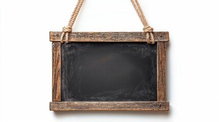 Rustic hanging chalkboard with rope on white background