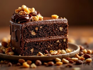 Indulge in a decadent chocolate nut cake.  A mouthwatering treat.