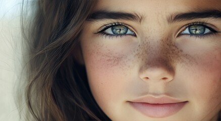 Fototapeta premium Young girl with striking green eyes and freckles enjoying natural light outdoors