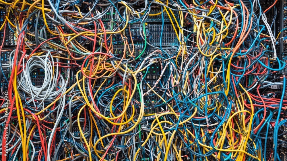 Poster A chaotic network of twisted cables and wires inside a data center's server rack, emphasizing the complexity of modern technology infrastructure
