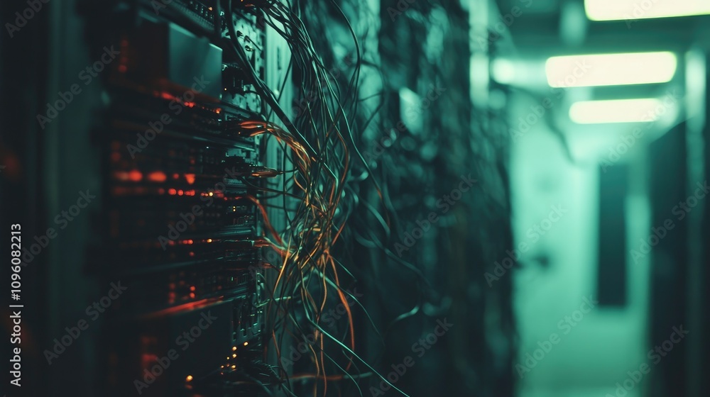 Poster a chaotic network of twisted cables and wires inside a data center's server rack, emphasizing the co