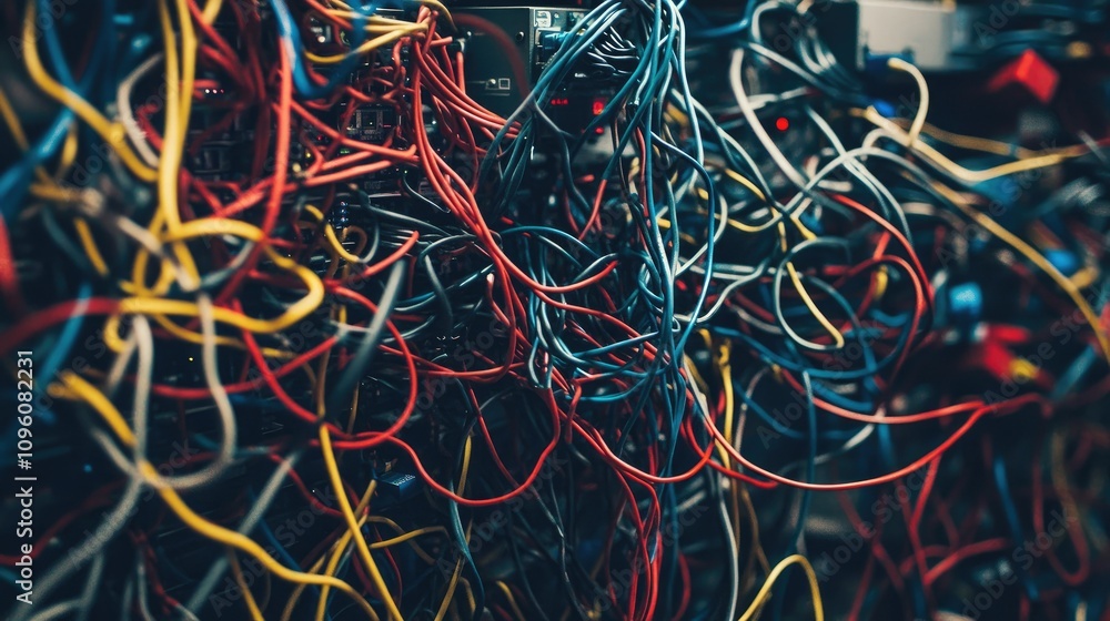Aufkleber A chaotic network of twisted cables and wires inside a data center's server rack, emphasizing the complexity of modern technology infrastructure