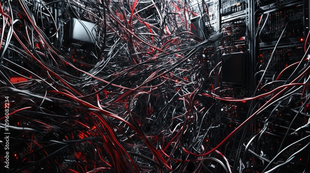 Poster A chaotic network of twisted cables and wires inside a data center's server rack, emphasizing the complexity of modern technology infrastructure