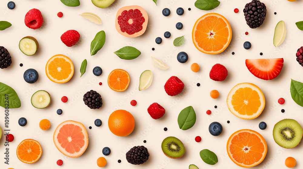 Poster vibrant fruit pattern: a delightful arrangement of fresh berries, citrus slices, and kiwi create a v