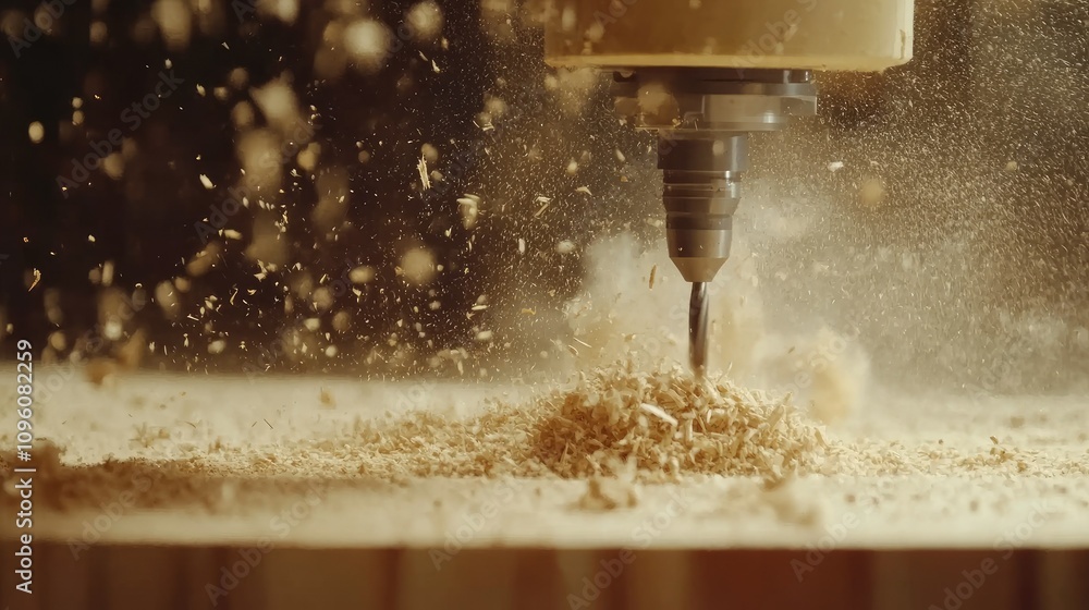 Poster a close-up of a cnc machine bit drilling into a wooden plank, surrounded by flying sawdust, capturin