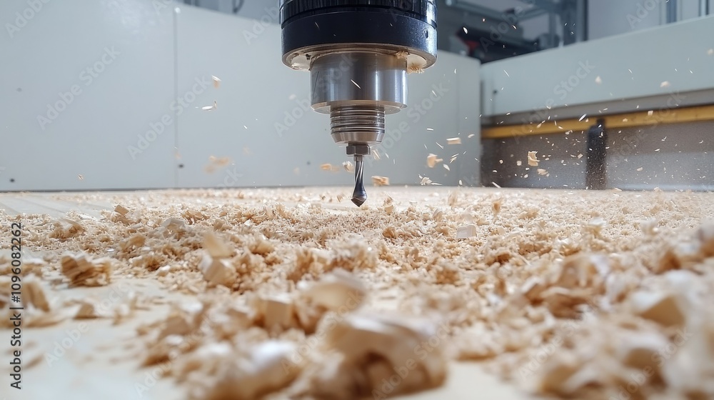 Poster a close-up of a cnc machine bit drilling into a wooden plank, surrounded by flying sawdust, capturin