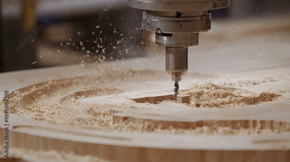 Poster a close-up of a cnc machine bit drilling into a wooden plank, surrounded by flying sawdust, capturin