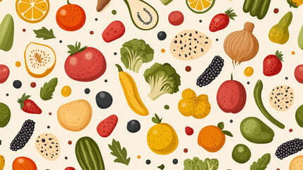 Vibrant Fruit and Vegetable Seamless Pattern: A cheerful and colorful seamless pattern featuring a variety of fresh fruits and vegetables, perfect for adding a touch of nature to your designs.  