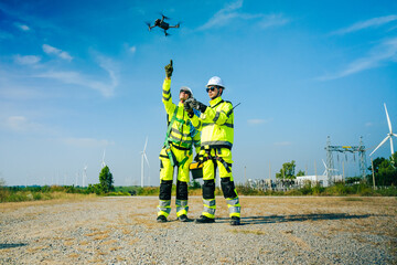 An engineer wearing safety gear closely inspects the base of a wind turbine in a renewable energy...