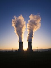 A nuclear power plant with cooling towers emitting steam under a clear sky