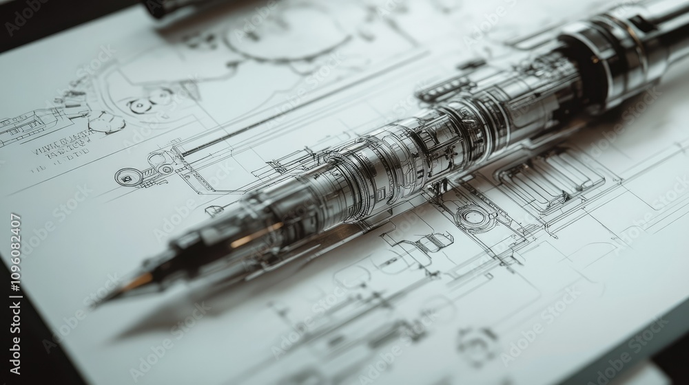 Poster A close-up of a technical illustration depicting the detailed design of a pen, showing every element from nib to cap with exact specifications