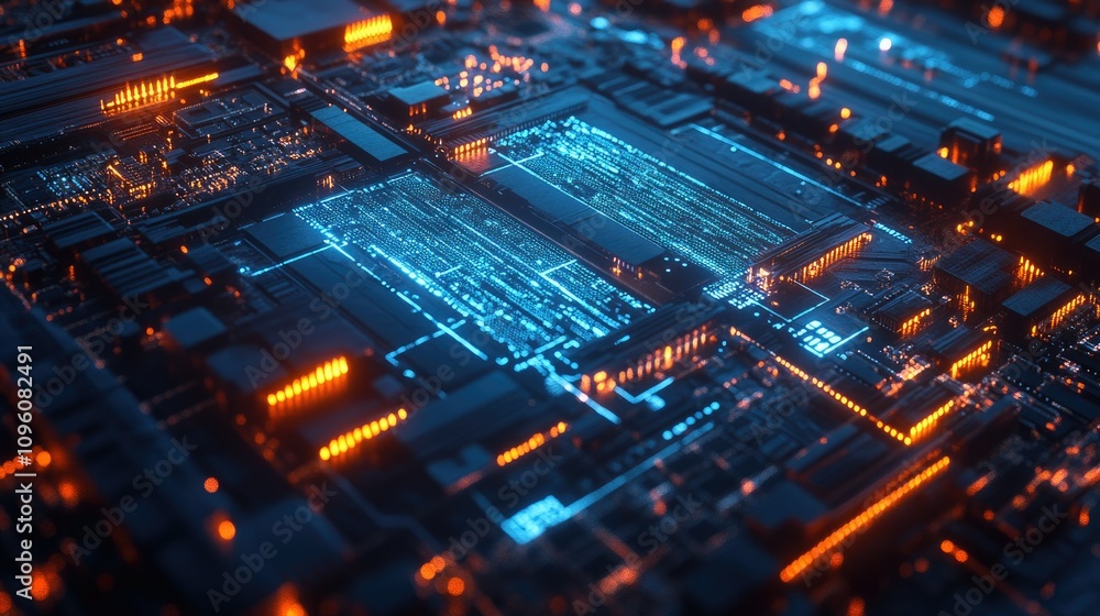 Poster A close-up view of a glowing blue motherboard with data paths and electronic components, representing the flow of information in the cyber world