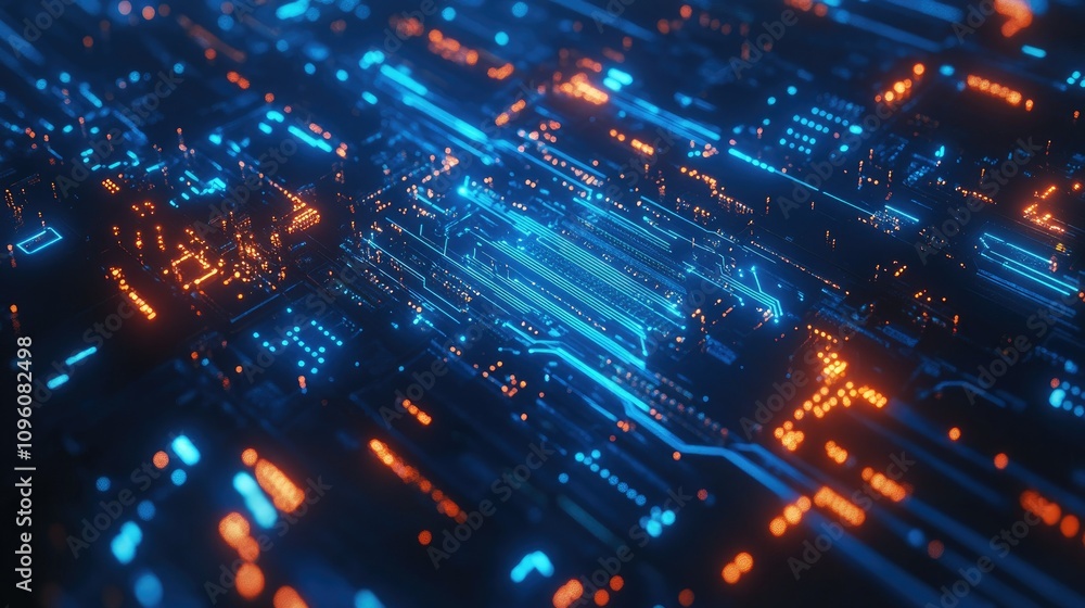 Aufkleber a close-up view of a glowing blue motherboard with data paths and electronic components, representin