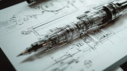 A close-up of a technical illustration depicting the detailed design of a pen, showing every element from nib to cap with exact specifications