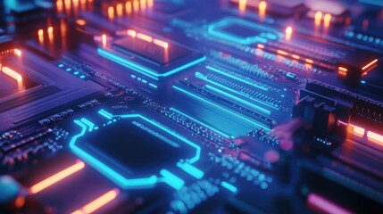 Obraz premium A close-up view of a glowing blue motherboard with data paths and electronic components, representing the flow of information in the cyber world