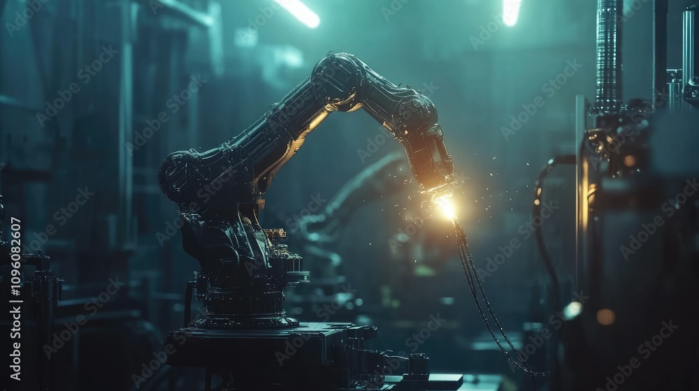 Poster a digital rendering of a robotic arm welding in a dark industrial setting, with glowing light highli