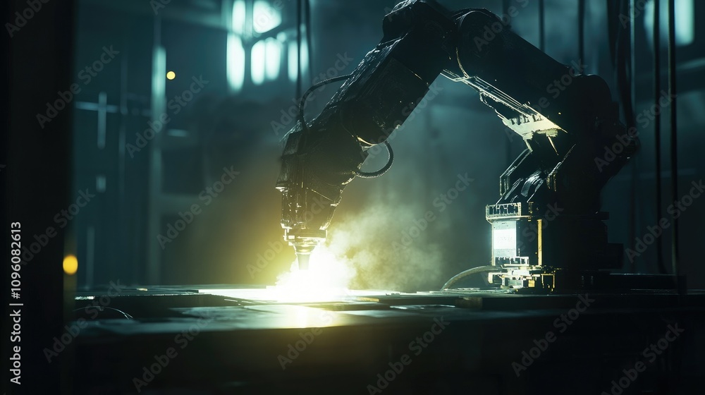 Poster a digital rendering of a robotic arm welding in a dark industrial setting, with glowing light highli