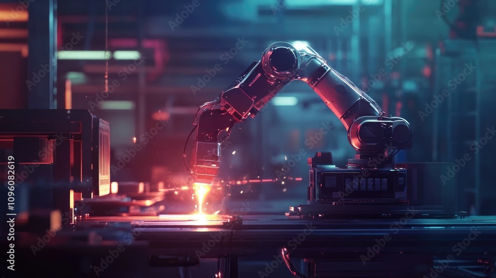 Aufkleber a digital rendering of a robotic arm welding in a dark industrial setting, with glowing light highli