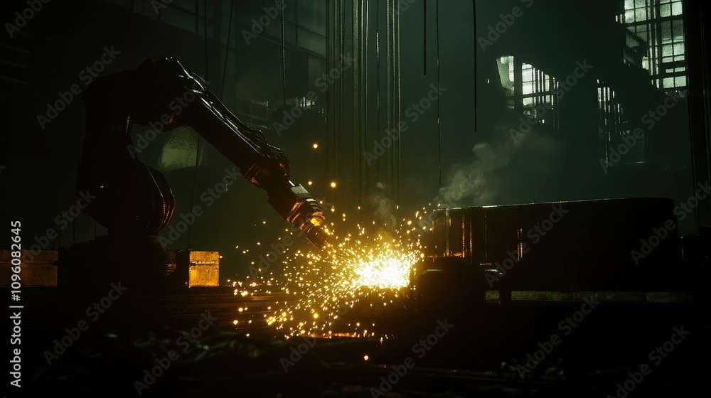 Poster a futuristic ai-generated image of a robotic arm welding, surrounded by glowing sparks in a dark ind