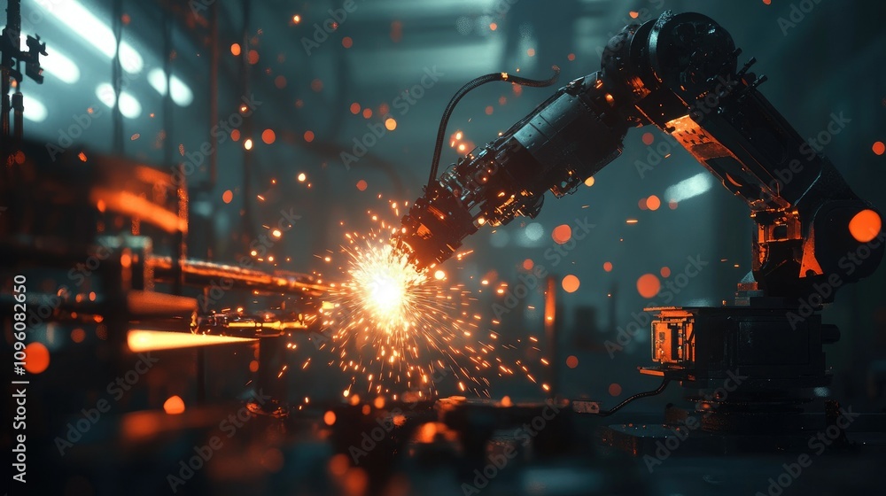 Poster a futuristic ai-generated image of a robotic arm welding, surrounded by glowing sparks in a dark ind