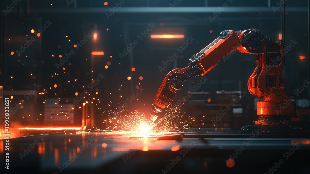 Poster a futuristic ai-generated image of a robotic arm welding, surrounded by glowing sparks in a dark ind