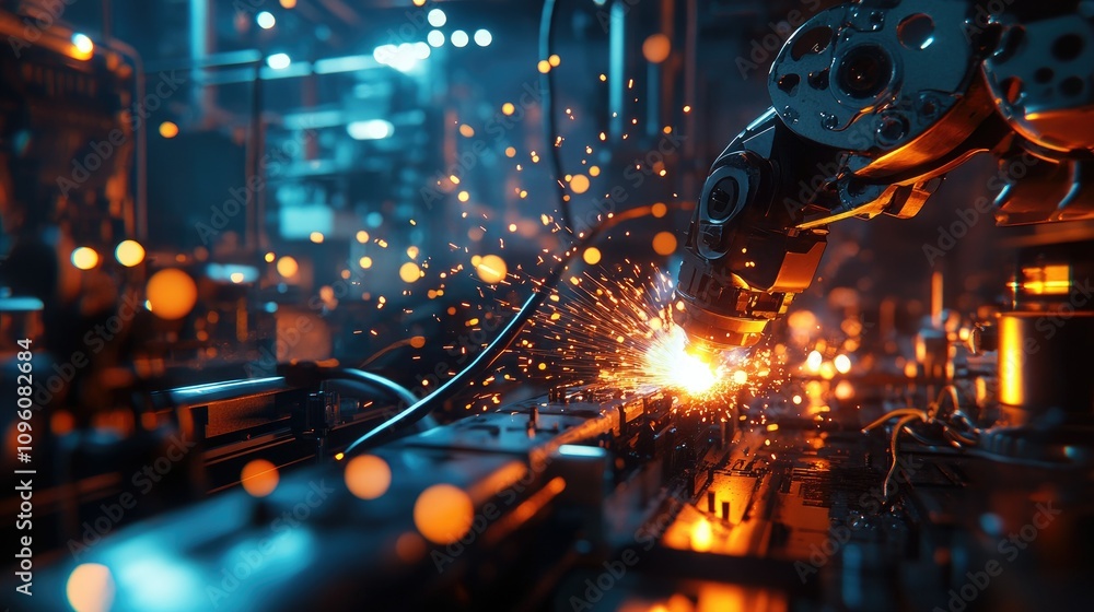 Poster a futuristic ai-generated image of a robotic arm welding, surrounded by glowing sparks in a dark ind